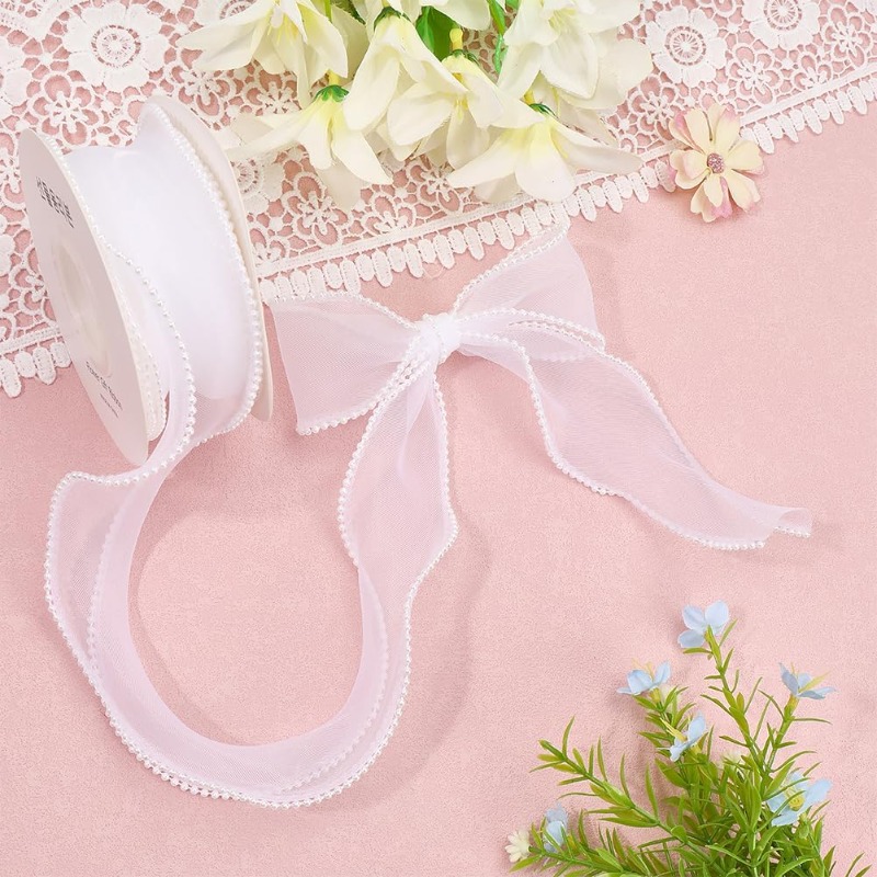5 Yards White Faux Pearl Edge  - Organza Ribbon Spool incelemesi ve fiyatı